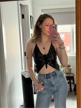 Vintage Sequin and Beaded Black Butterfly Top
